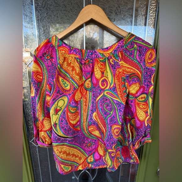 Trina Turk Silk Baggy Bright Colorful Floral 3/4 Length Sleeve Boho Top Loose Sm - Picture 5 of 7